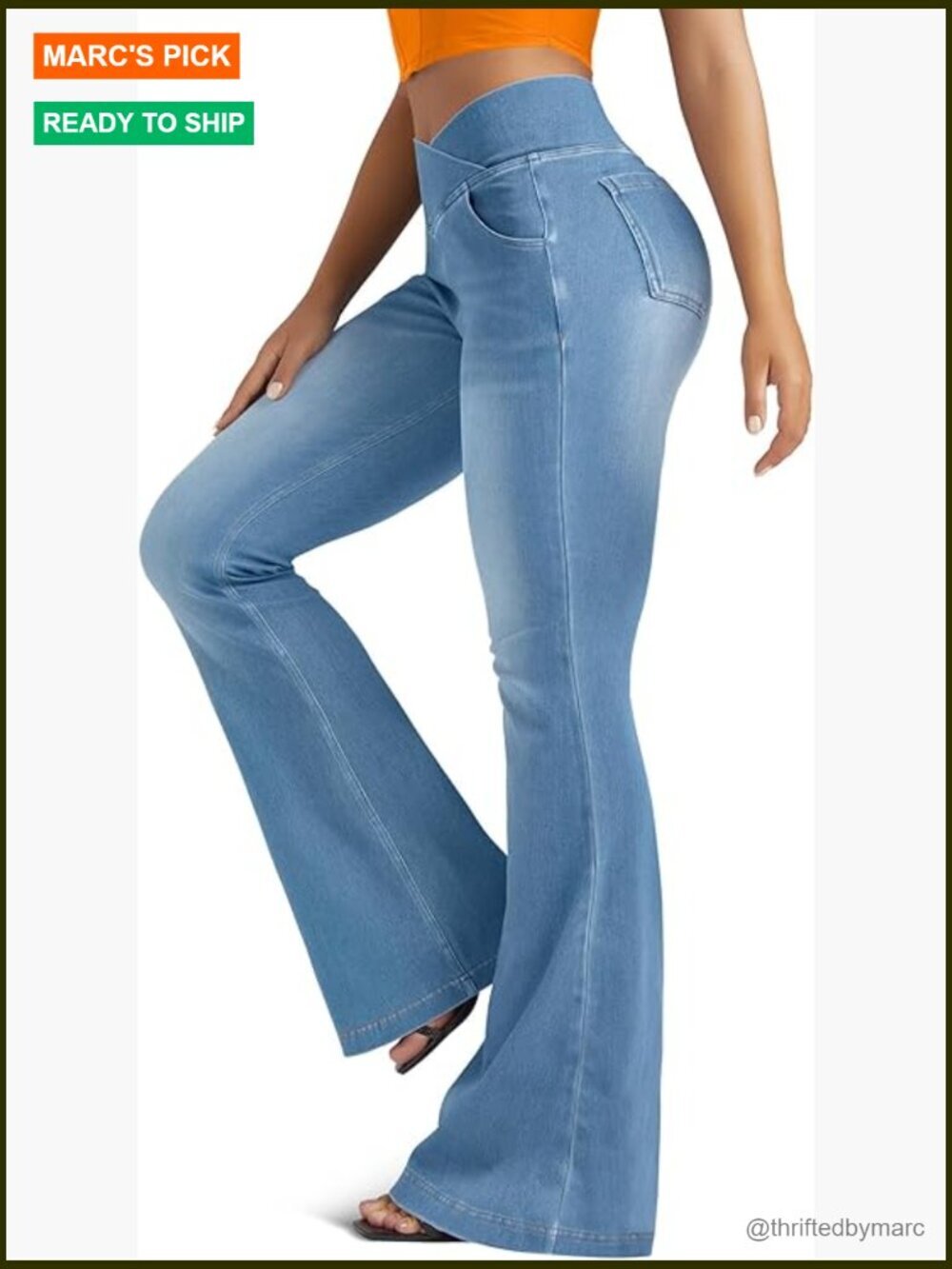 High Waist Flare Leggings with Pockets Stretchy Knit Denim Yoga Pants